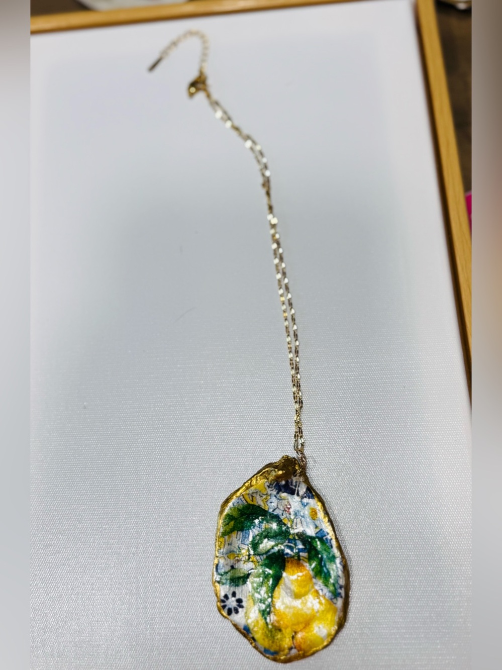 Gold Floral Shell Decoupage Pendant Necklace Handmade by Me - Gold Plated Chain